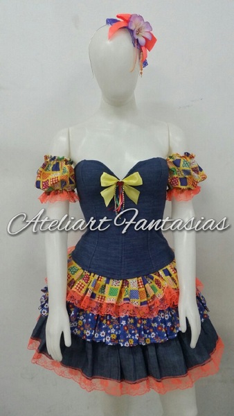 Festa Junina corpete jeans saia babados amarelo az